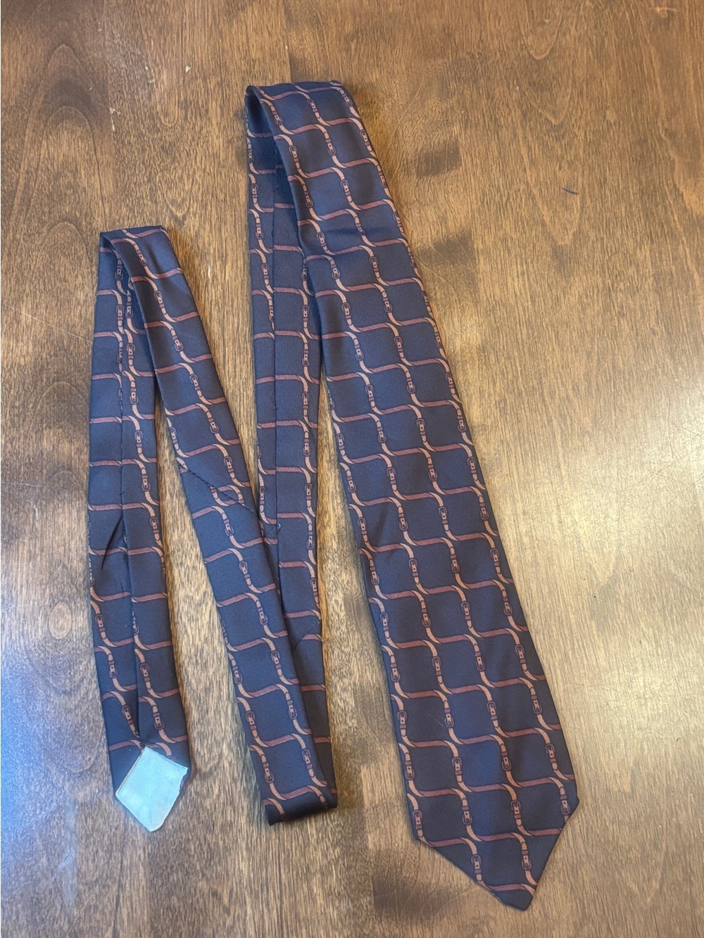 Source Unknown Navy Tie with Brown Chain-Link Pattern